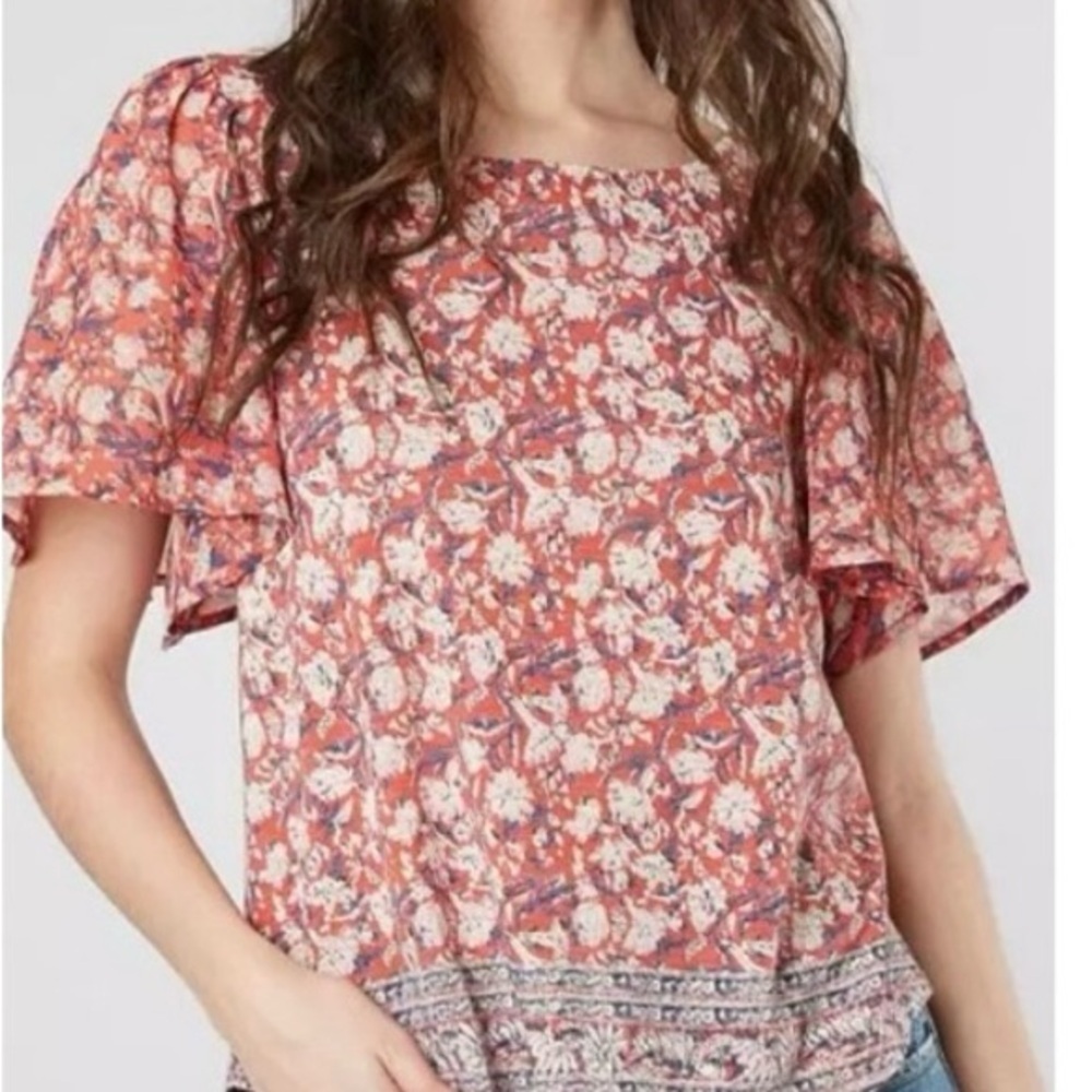 Lucky Brand Red Floral Boho Blouse with Back Cutout